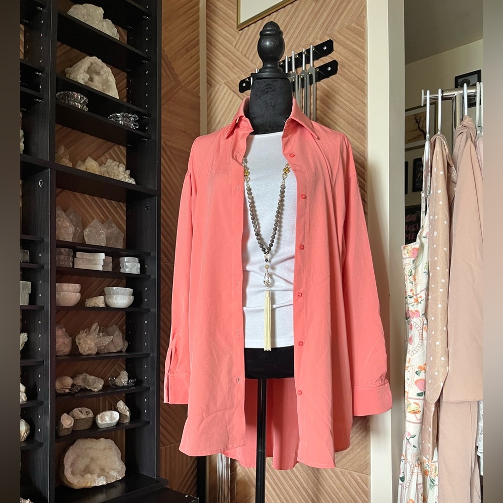 Hot pink peach polyester long sleeve oversized lightweight summer button down